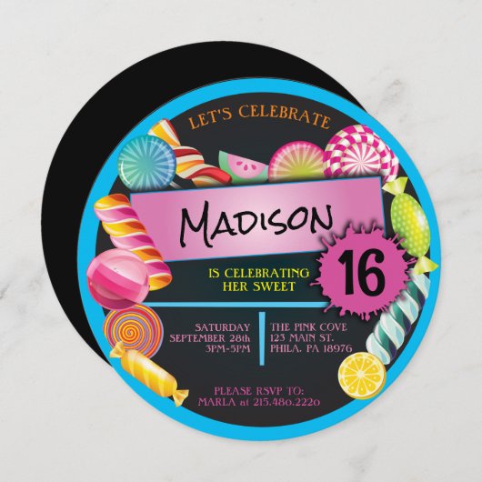 キャンディトリートスウィート16歳16歳の誕生日パーティー 招待状 (正面/裏面)