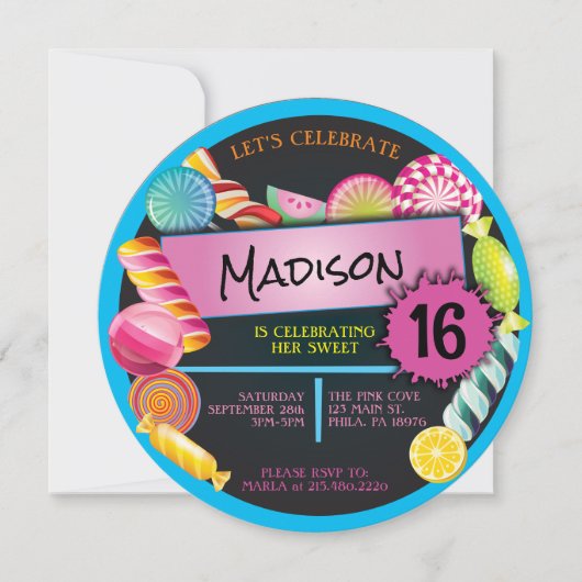 キャンディトリートスウィート16歳16歳の誕生日パーティー 招待状 (正面)