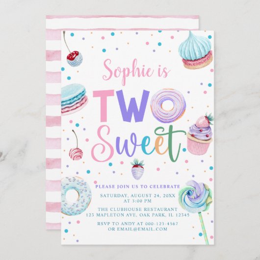 キャンディドーナツ2つの甘い2番目の誕生日の女の子 招待状 (正面/裏面)