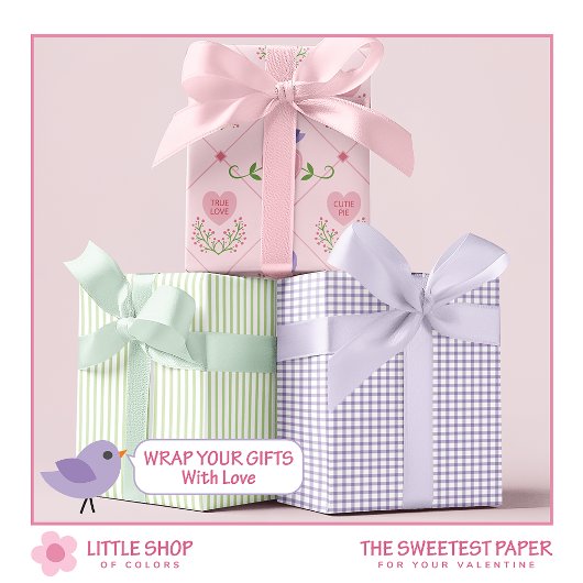 キャンディハートとラブバードのバレンタインデー ラッピングペーパーシート