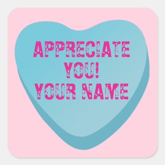 キャンディハートカスタム文字ブルーハートオンピンク スクエアシール (正面)