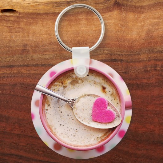 キャンディハートコーヒーカプチーノホワイトピンクマグカップ キーホルダー (正面)