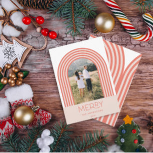 キャンディパステルストライプピンクのレインボー1写真クリスマス シーズンカード
