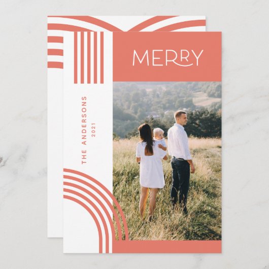 キャンディパステルストライプピンクのレインボー1写真クリスマス シーズンカード (正面/裏面)