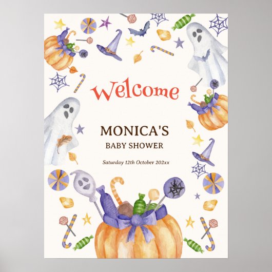 キャンディパンプキン幽霊ハロウィーンベビーウェルカムサイン ポスター (正面)
