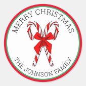 キャンディパーソナライズされたキャンズとボウクリスマス ラウンドシール (正面)