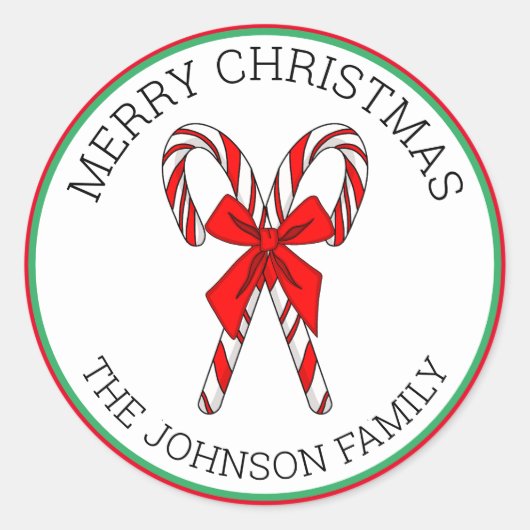 キャンディパーソナライズされたキャンズとボウクリスマス ラウンドシール (正面)