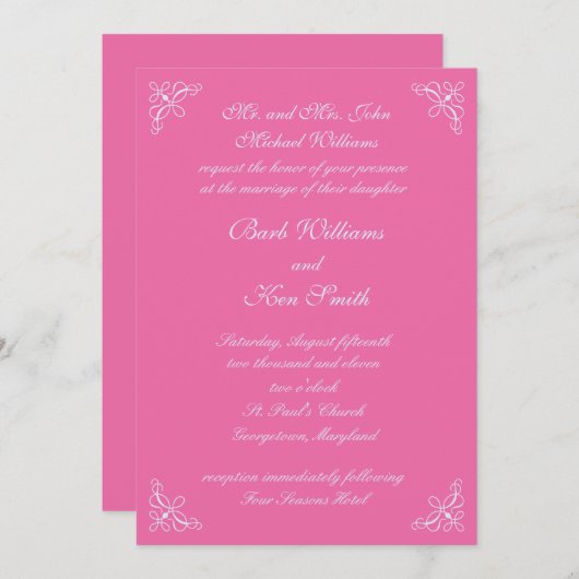 キャンディピンクに結婚式招待状を渦巻く 招待状 (正面/裏面)