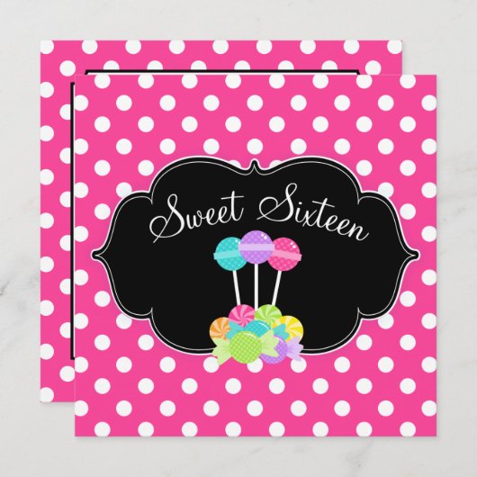 キャンディピンク水玉模様スイーツ16誕生日招待状 招待状 (正面/裏面)