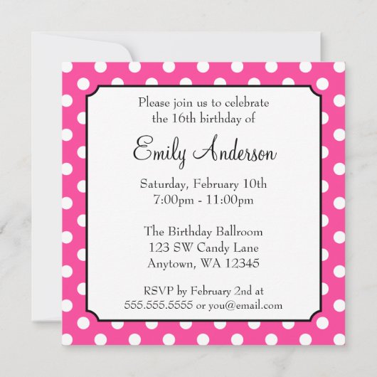 キャンディピンク水玉模様スイーツ16誕生日招待状 招待状 (裏面)