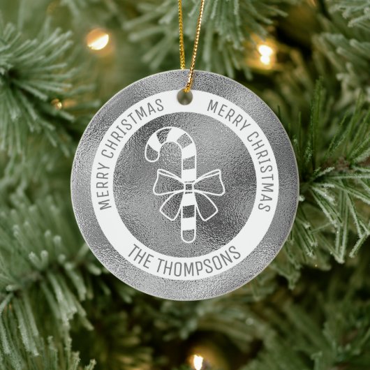 キャンディフェイクケーン – シルバーフォイル実在ルック(Not Foil) セラミックオーナメント (ツリー)