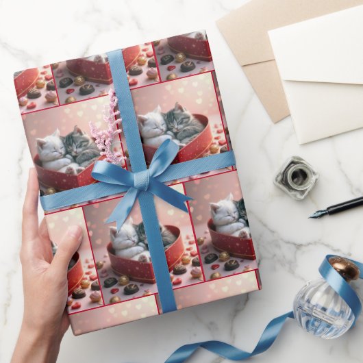 キャンディボックスに赤いハートの子猫 ラッピングペーパー (ギフト)