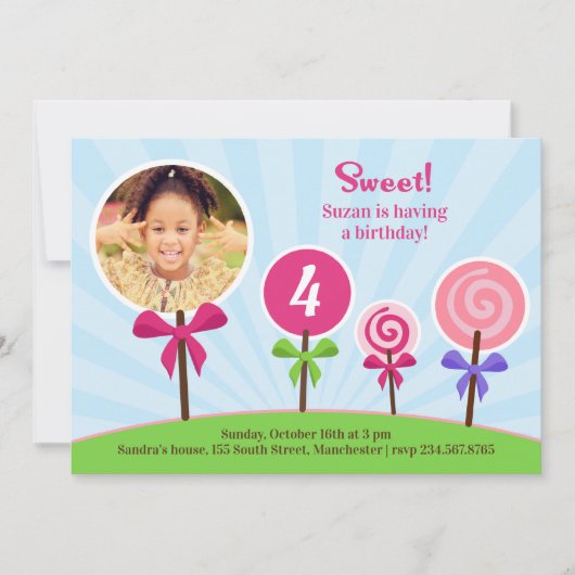 キャンディポップ 誕生日 写真 フラット 招待状 (正面)