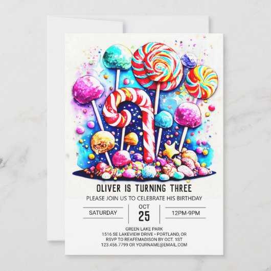 キャンディモダン編集可能誕生日 招待状 (正面)