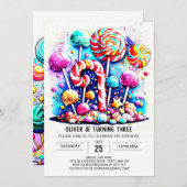 キャンディモダン編集可能誕生日 招待状 (正面/裏面)