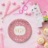 キャンディモノグラムのピンクと金ゴールドグリッターシティドット ペーパープレート (パーティー)