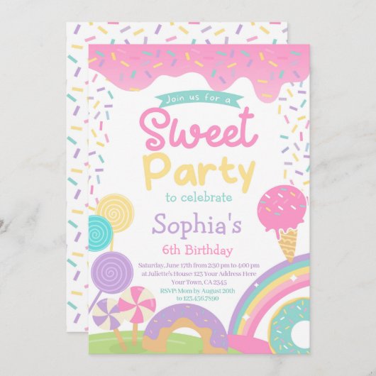 キャンディランドとアイスクリームを自由にカスタマイズ 招待状 (正面/裏面)