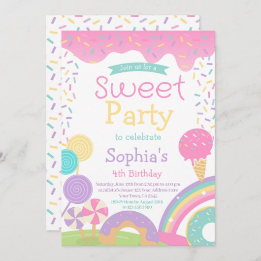 キャンディランドとアイスクリーム 完全カスタマイズ可能 招待状 (正面/裏面)