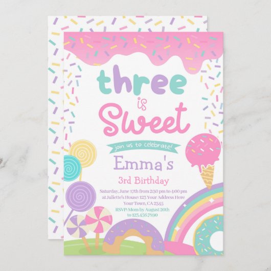 キャンディランドとアイスクリーム、2つの甘い2番目の誕生日 招待状 (正面/裏面)