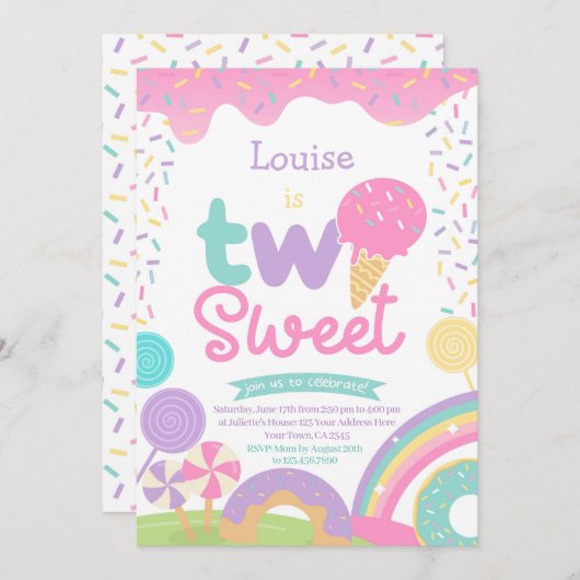 キャンディランドとアイスクリーム、2つの甘い2番目の誕生日 招待状 (正面/裏面)