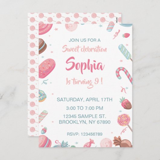 キャンディランドの誕生日パーティーの招待 シーズンポストカード (正面/裏面)