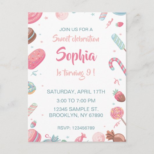 キャンディランドの誕生日パーティーの招待 シーズンポストカード (正面)