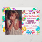 キャンディランドガール誕生日スイートお祝いフォト 招待状 (正面/裏面)