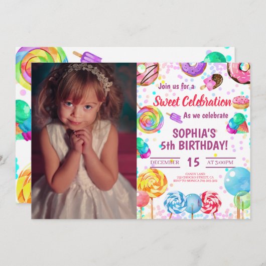 キャンディランドガール誕生日スイートお祝いフォト 招待状 (正面/裏面)