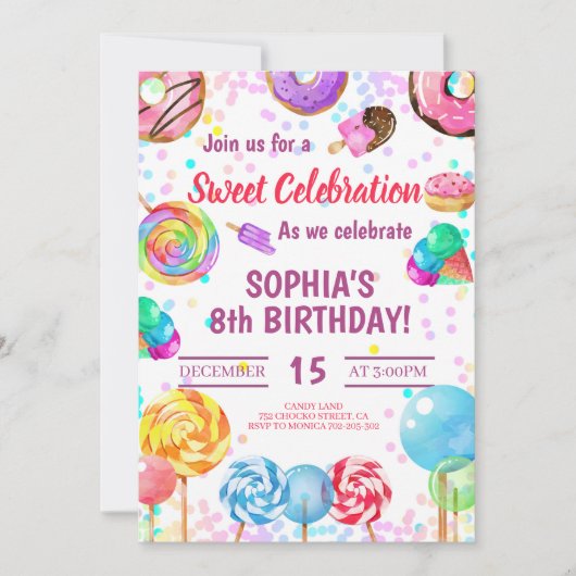 キャンディランドガール誕生日スイートお祝いレインボー 招待状 (正面)