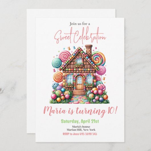 キャンディランドガール誕生日スウィートお祝いレインボー 招待状 (正面/裏面)