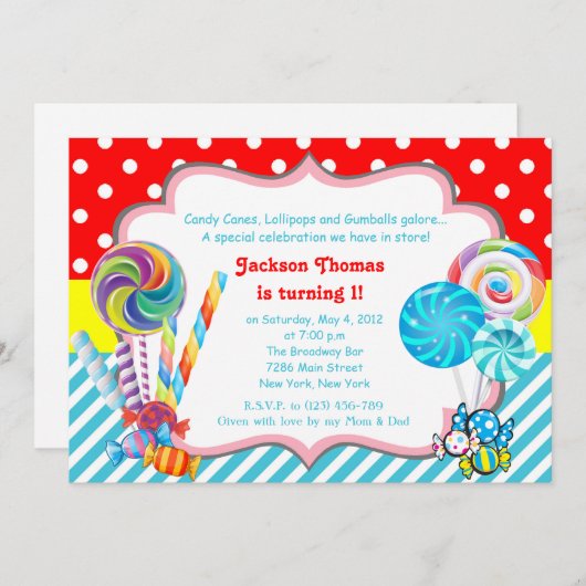 キャンディランドキャンディテーマ誕生日招待状 招待状 (正面/裏面)