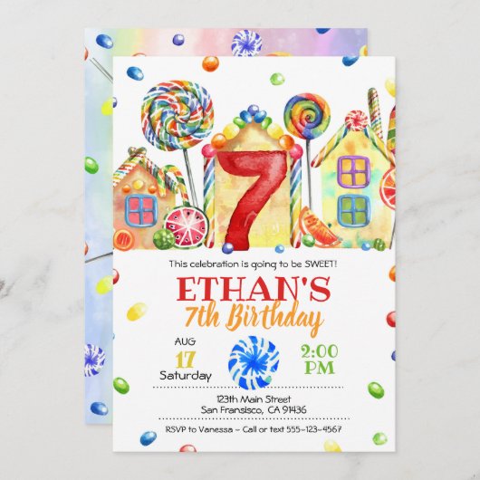 キャンディランドキャンディ招待状フォーキャンディテーマ- 7番目 招待状 (正面/裏面)