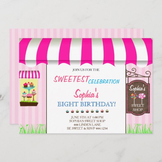 キャンディランドスイートショップバースデーパーティ招待状 招待状 (正面/裏面)