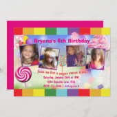 キャンディランドスウィート誕生日パーティー4フォト招待状 招待状 (正面/裏面)