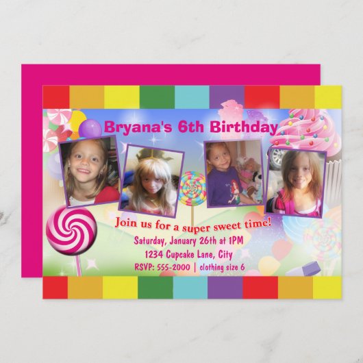 キャンディランドスウィート誕生日パーティー4フォト招待状 招待状 (正面/裏面)