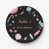 キャンディランドパーティーデコールブラックとピンク ペーパープレート (正面)