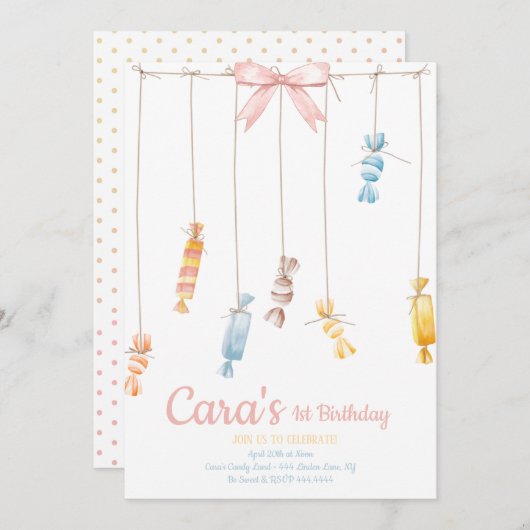 キャンディランドピンクの最初の誕生日パーティーの招待状 招待状 (正面/裏面)