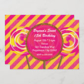 キャンディランドピンク&イエロー棒つきキャンデー誕生日パーティー 招待状 (正面/裏面)