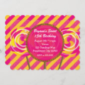 キャンディランドピンク&イエロー棒つきキャンデー誕生日パーティー 招待状 (正面/裏面)