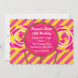 キャンディランドピンク&イエロー棒つきキャンデー誕生日パーティー 招待状