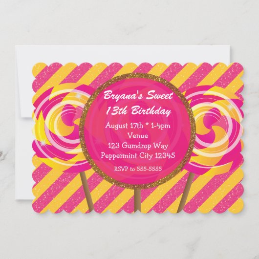 キャンディランドピンク&イエロー棒つきキャンデー誕生日パーティー 招待状 (正面)
