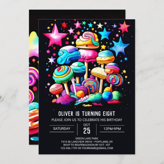 キャンディランド編集可能誕生日 招待状 (正面/裏面)