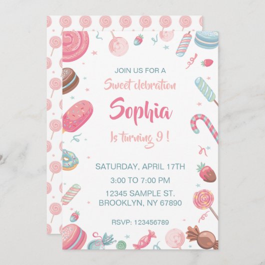 キャンディランド誕生日招待状パーティの招待状 招待状 (正面/裏面)