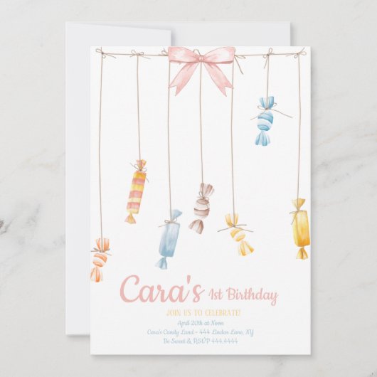 キャンディランド ピンク ファースト バースデー パーティー 招待状 (正面)