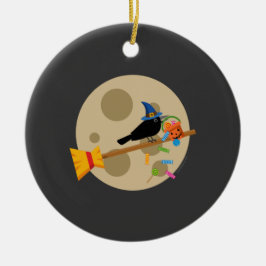 キャンディーを広げる箒でキュートな魔女のカラス セラミックオーナメント