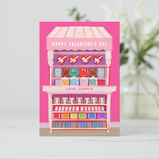 キャンディーカート図解入りの、写真付きのバレンタインデーの写真 招待状 (スタンド正面)