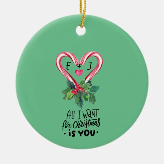 キャンディーキャン、ホリーベリー、ラブ、モノグラム セラミックオーナメント (正面)