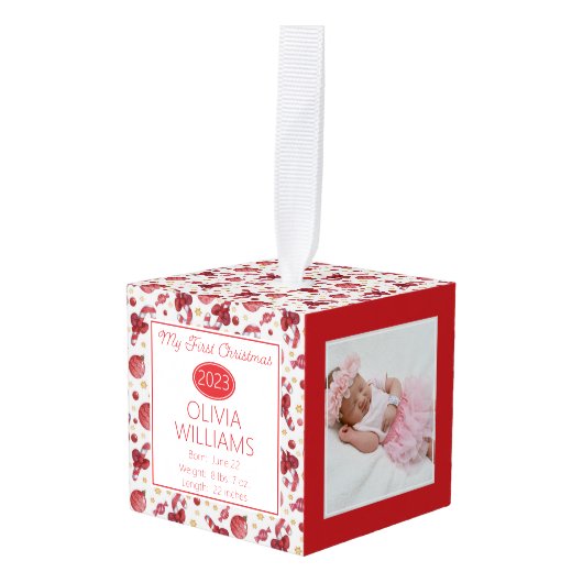 キャンディーキーン柄ベビーマイ初めてのクリスマス3 Photo キューブオーナメント (正面アングル)