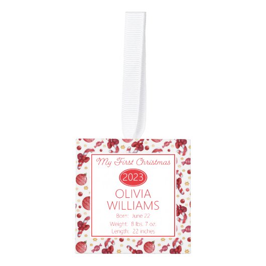 キャンディーキーン柄ベビーマイ初めてのクリスマス3 Photo キューブオーナメント (正面)