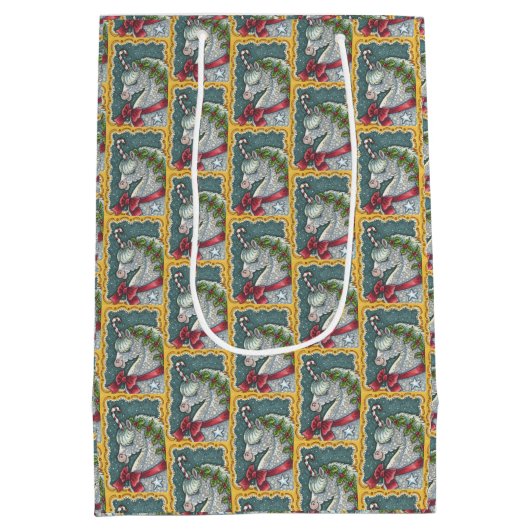 キャンディーケインクリスマスユニコーン馬媒体抱き枕 ミディアムペーパーバッグ (裏面)